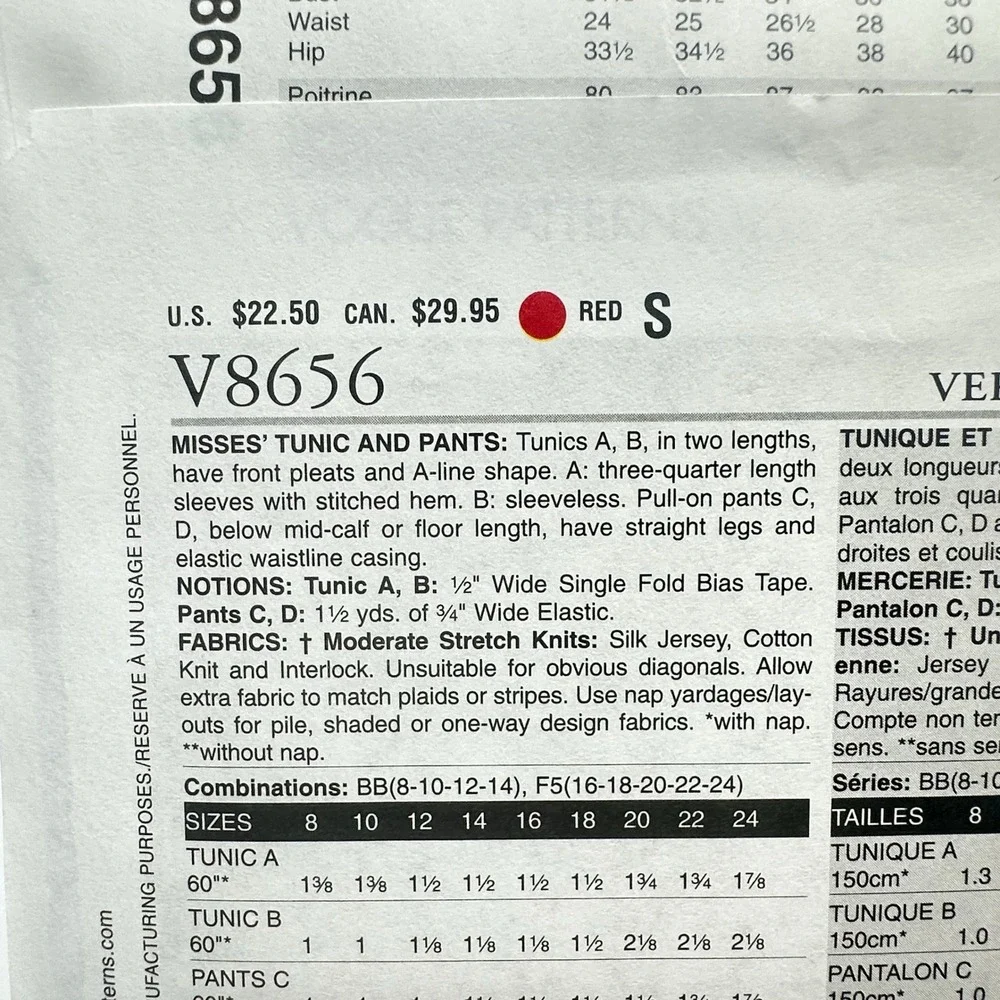 Vogue Patterns Sewing Pattern Misses F5 16-24 V8656 Uncut Factory Folded